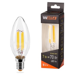 Лампа LED E14(свеча), 7W, 220V, теплый 3000К, 730Lm, филаментная